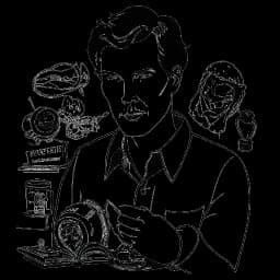 Dessin au trait de Benedict Cumberbatch mettant en valeur ses passe-temps, en noir et blanc, sur fond blanc.