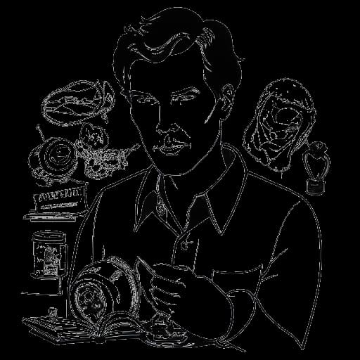 Dessin au trait de Benedict Cumberbatch mettant en valeur ses passe-temps, en noir et blanc, sur fond blanc.