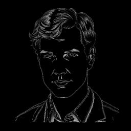 Dessin au trait de Benedict Cumberbatch pendant sa jeunesse et son éducation, en noir et blanc, sur fond blanc.