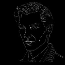 Dessin au trait de Benedict Cumberbatch dans ses rôles polyvalents, en noir et blanc, sur fond blanc.
