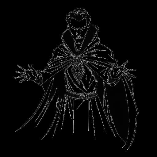 Desenho de arte linear de um homem, representando Benedict Cumberbatch como Dr. Stephen Strange, usando a Capa da Levitação.