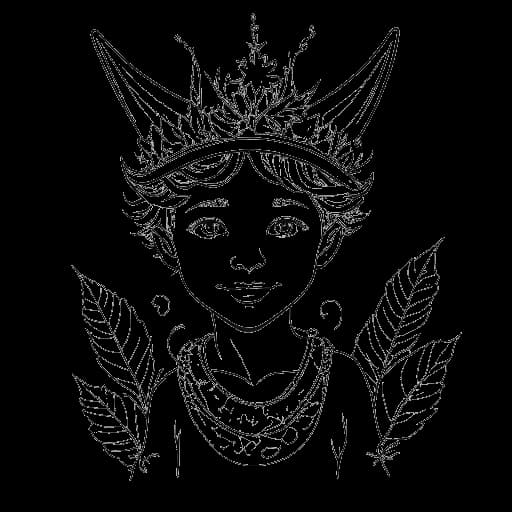 Desenho de arte linear de um garoto, representando Benedict Cumberbatch como Titânia, usando uma coroa de fada e segurando uma varinha mágica.