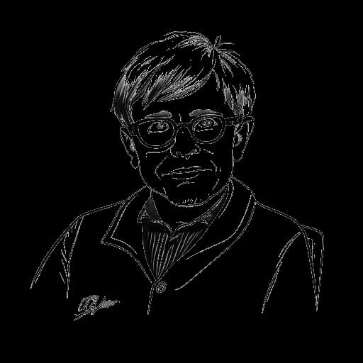 Desenho de arte linear de um homem, representando Benedict Cumberbatch como Stephen Hawking, em uma cadeira de rodas.