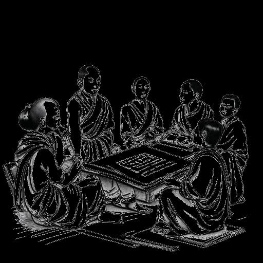 Desenho de arte linear de um homem, representando Benedict Cumberbatch, ensinando inglês para monges em um mosteiro tibetano.