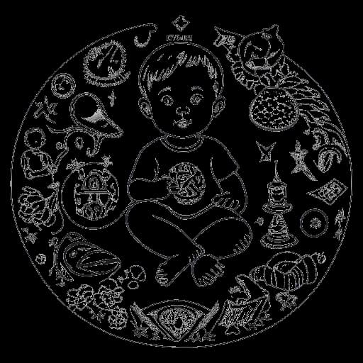 Strichzeichnung eines Babys, das Chryssanthi Kavazi repräsentiert und von griechischen und deutschen Symbolen umgeben ist