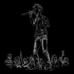 Strichzeichnung eines charismatischen jungen Mannes, der Bill Kaulitz darstellt, der mit seiner Band im Hintergrund eine magnetische Performance auf der Bühne abliefert, vor weißem Hintergrund.