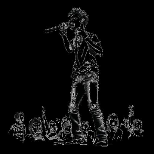Strichzeichnung eines charismatischen jungen Mannes, der Bill Kaulitz darstellt, der mit seiner Band im Hintergrund eine magnetische Performance auf der Bühne abliefert, vor weißem Hintergrund.