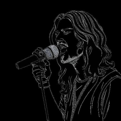 Line art drawing of a young man, representing Bill Kaulitz as 'Billy', with a solo album cover in the background