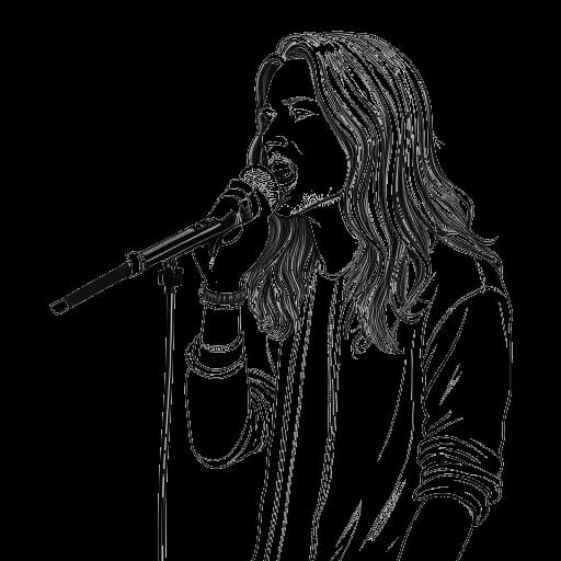 Line art drawing of a young man, representing Bill Kaulitz, holding a microphone, with the 'Schrei' album cover in the background