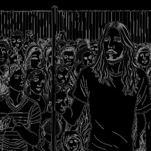 Line art drawing of a young man, representing Bill Kaulitz, with fans and security measures at their home