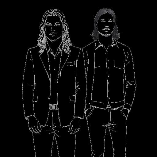 Line art drawing of a young man, representing Bill Kaulitz, with his wax figure at Madame Tussauds Berlin