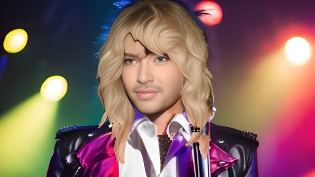 Bill Kaulitz, dressed in his iconic androgynous style, performing in a concert with a microphone in hand.