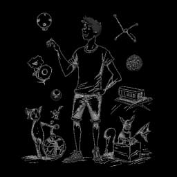 Un dibujo de línea de un joven, representando a Taj Cross, equilibrando equipo deportivo y guiones, con su mascota y lazos familiares resaltados.