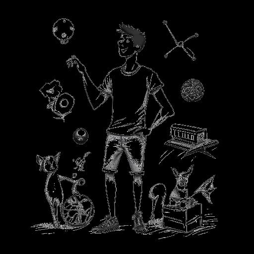 Un dibujo de línea de un joven, representando a Taj Cross, equilibrando equipo deportivo y guiones, con su mascota y lazos familiares resaltados.