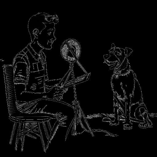 Dessin en ligne d'un jeune homme, représentant Taj Cross, tenant un script sur le plateau d'une série télévisée, avec un micro de podcast sur le côté et un fidèle compagnon chien, mettant en avant son talent d'acteur et ses autres centres d'intérêt.
