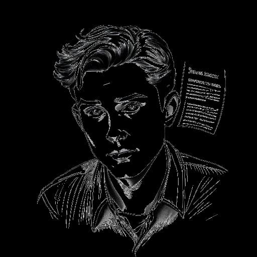 Dessin en ligne d'un jeune homme, représentant Taj Cross, concentré sur sa carrière d'acteur, avec des scripts et des photos d'acteur.