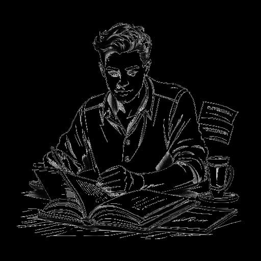 Dessin en ligne d'un jeune homme, représentant Taj Cross, incarnant un personnage basé sur la vie du scénariste de la série, Sam Zablowski. Des fournitures d'écriture et un script sont visibles en arrière-plan.