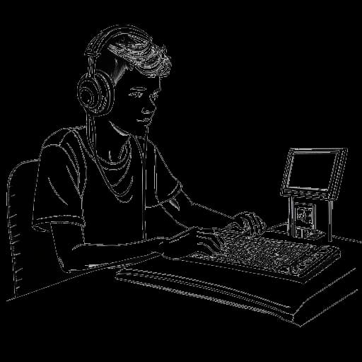 Dessin en ligne d'un jeune homme, représentant Taj Cross, participant à l'enregistrement d'un podcast pour 'In a Creative Company', avec du matériel audio et un microphone.