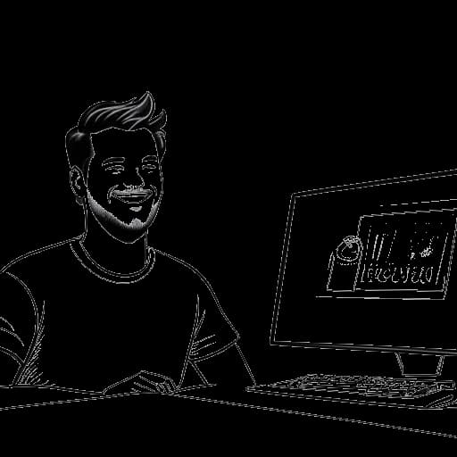 Strichzeichnung eines Mannes, der Simon Unge repräsentiert, in seinen Dreißigern mit einem magnetischen Lächeln, entspannt hinter einem Schreibtisch. Der Hintergrundübergang zeigt eine attraktive YouTube-Video-Upload-Szene auf der einen Seite, verschiedene Immobilien und ein Investitionsplakat mit einem steigenden Trend, was eine überzeugende visuelle Zusammenfassung seiner vielfältigen Einkommensquellen darstellt.