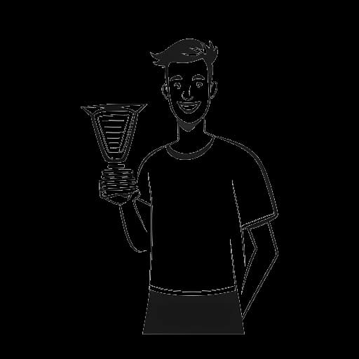 Strichzeichnung eines Mannes, der Simon Unge darstellt, der einen goldenen Play-Button-Pokal mit einem YouTube-Logo auf einem Bildschirm hält.