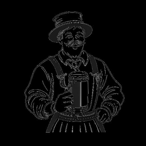 Strichzeichnung eines Mannes, der Simon Unge darstellt, der traditionelle bayerische Kleidung trägt, ein Bierkrug in der Hand hält, mit einem Oktoberfest-Banner im Hintergrund.
