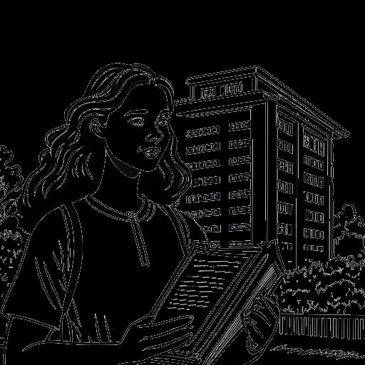 Lijntekening van een jonge vrouw met een diploma en een boek in haar hand, met een gemeenschapsschoolgebouw op de achtergrond, stelt Brett Cooper voor.