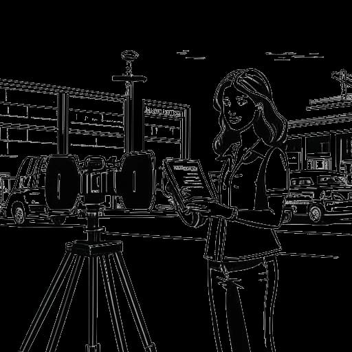 Lijntekening van een vrouw die een klembord vasthoudt voor een filmstudio, met filmcamera's en filmklappers op de achtergrond, die Brett Cooper's stages voorstellen.