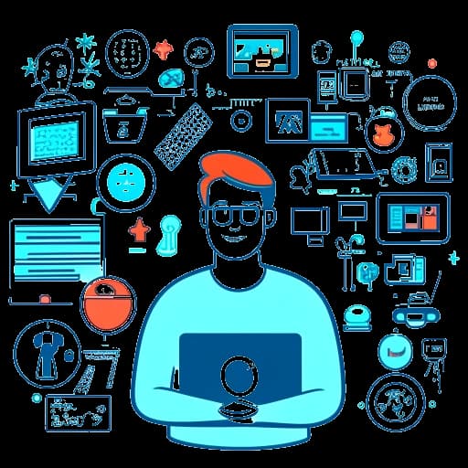 Disegno in bianco e nero di un uomo che rappresenta Internet Historian, con simboli di YouTube, merchandise e investimenti su uno sfondo digitale di meme, schermate di computer ed icone dei social media.