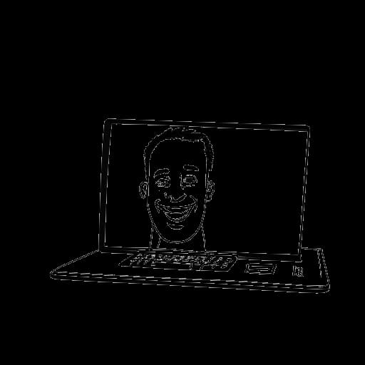 Disegno in stile line art di 'Hide the Pain Harold' con un sorriso dolorante, circondato da uno schermo del computer e una fotocamera