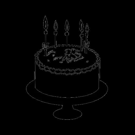 Disegno in stile line art di un globo con la Nuova Zelanda evidenziata, accompagnato da una torta di compleanno con candeline