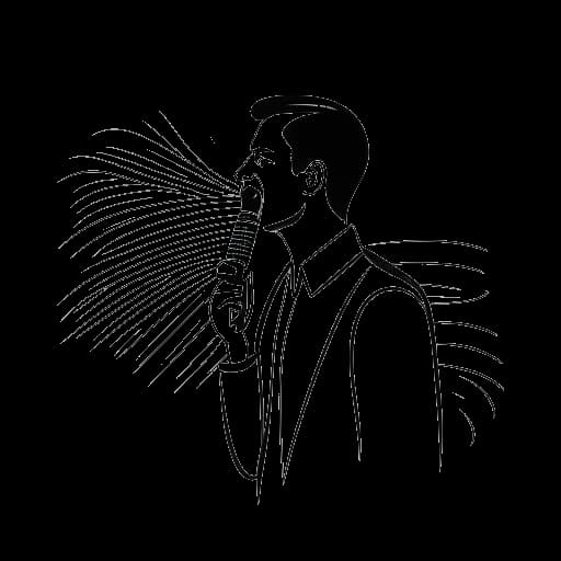 Disegno in stile line art di un uomo con una voce profonda, che parla in un microfono con onde sonore che si propagano