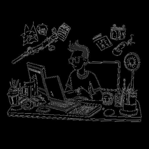 Disegno in stile line art di Internet Historian che monta un video con il suo caratteristico stile improvvisato, aggiungendo umorismo