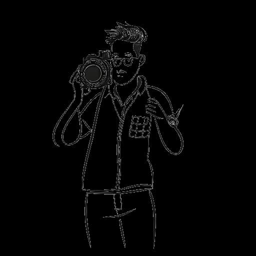 Disegno in stile line art di un uomo con una fotocamera, che passa dal lavoro part-time a quello full-time