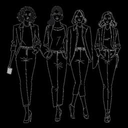 Disegno in bianco e nero di una donna, che rappresenta Breckie Hill, che mostra con sicurezza outfit alla moda in varie pose e ambientazioni.