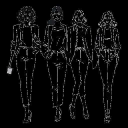 Disegno in bianco e nero di una donna, che rappresenta Breckie Hill, che mostra con sicurezza outfit alla moda in varie pose e ambientazioni.
