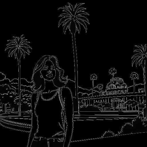 Desenho de linha de uma mulher, representando Breckie Hill, na frente da placa de Hollywood