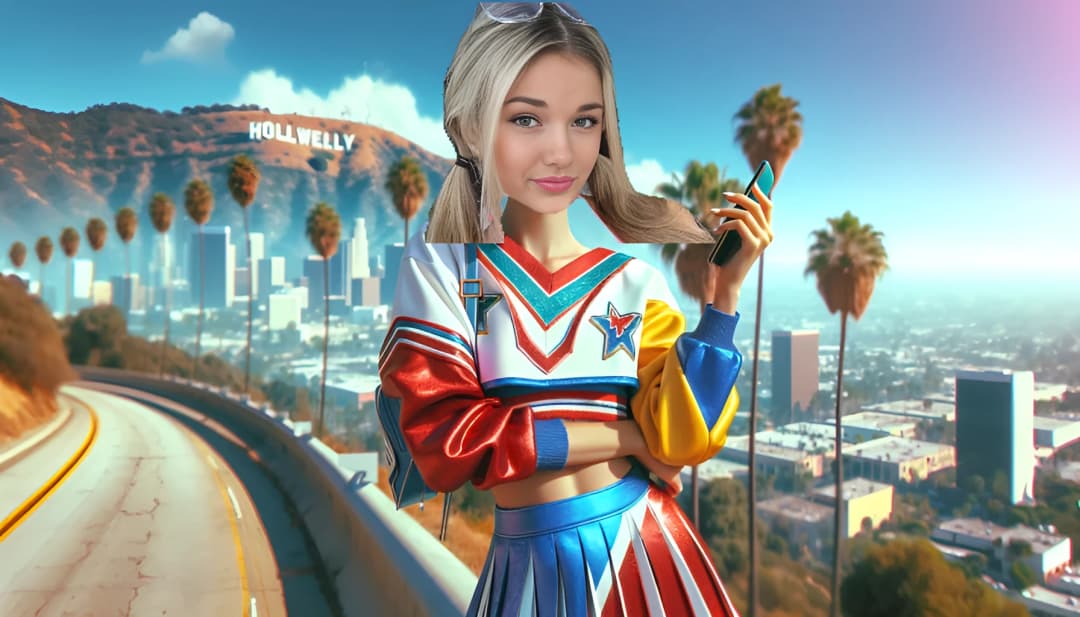 Breckie Hill, eine fröhlich aussehende junge Frau in ihrem Cheerleader-Outfit, posiert draußen bei hellem Sonnenlicht