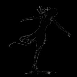 Lijntekening van een vrouw, die Charli D'Amelio voorstelt, energiek aan het dansen is, terwijl een schaduw die controverse symboliseert over haar heen kruipt, allemaal tegen een witte achtergrond.