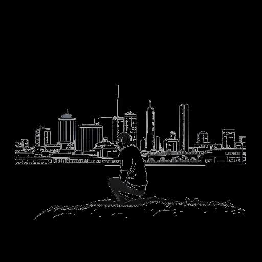 Dessin en ligne d'un homme, représentant Adam McKay, entre le skyline de Denver et Malvern, en Pennsylvanie.