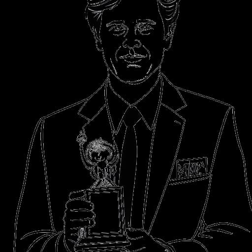 Dessin en ligne d'un homme, représentant Adam McKay, tenant un Oscar et un script de film.