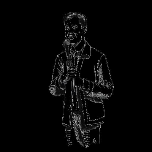 Dessin en ligne d'un homme, représentant Adam McKay, tenant un script et se tenant devant un microphone.
