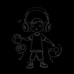 Desenho de um menino jovem, representando Adonis Graham, usando fones de ouvido e segurando uma bola de basquete, com notas musicais indicando sua presença cada vez mais forte na mídia e na música.