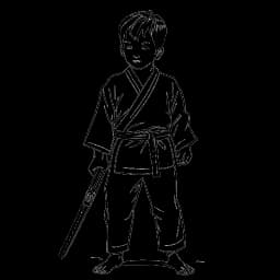 Desenho de um garoto jovem, representando Adonis Graham, com um pincel, ao lado de equipamento de artes marciais, simbolizando seus talentos artísticos e atléticos.