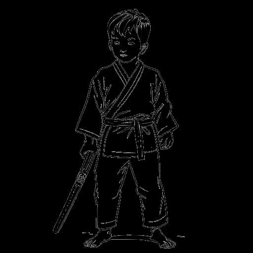 Desenho de um garoto jovem, representando Adonis Graham, com um pincel, ao lado de equipamento de artes marciais, simbolizando seus talentos artísticos e atléticos.