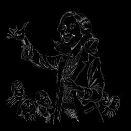 Dibujo de arte lineal de Anna DeGuzman cautivando a una multitud con un truco de magia fascinante. El dibujo está en blanco y negro contra un fondo blanco.