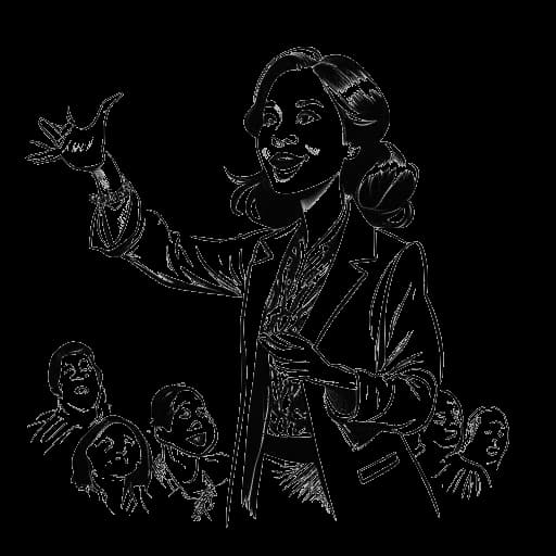 Dibujo de arte lineal de Anna DeGuzman cautivando a una multitud con un truco de magia fascinante. El dibujo está en blanco y negro contra un fondo blanco.