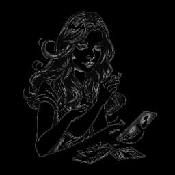 Dibujo de arte lineal de una mujer, representando a Anna DeGuzman, con cabello ondeante, realizando hábilmente trucos de magia con una baraja de cartas. El dibujo está en blanco y negro contra un fondo blanco.
