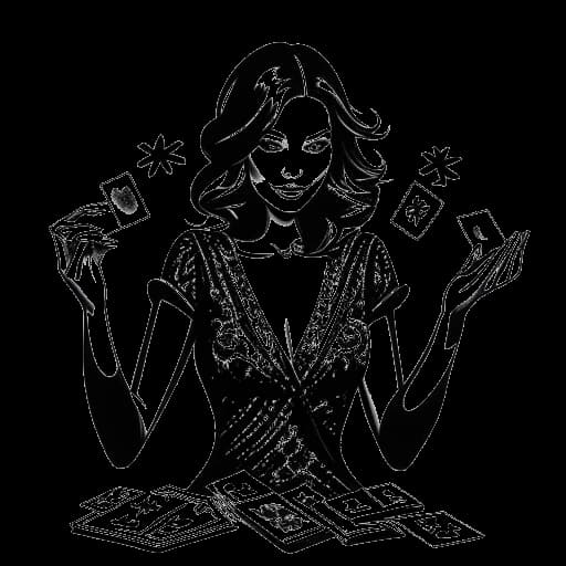 Strichzeichnung einer Frau, die Anna DeGuzman darstellt, zeigt elegante Handbewegungen, umgeben von einem Kartenspiel. Ein Spotlight verleiht Faszination und hebt ihre Expertise in Magie und Unterhaltung hervor, alles vor einem weißen Hintergrund.