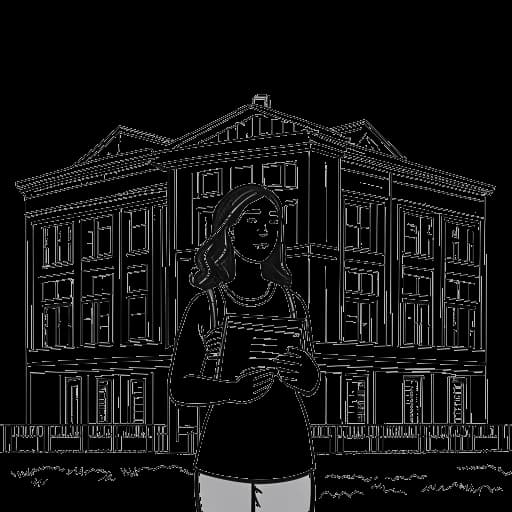 Strichzeichnung einer Frau, die Anna DeGuzman repräsentiert, mit Büchern in der Hand und vor verschiedenen Schulgebäuden stehend.