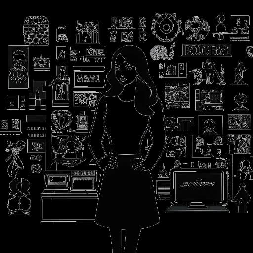 Strichzeichnung einer Frau, die Anna DeGuzman repräsentiert, vor Logos von Microsoft, Playboy und Christian Louboutin stehend.